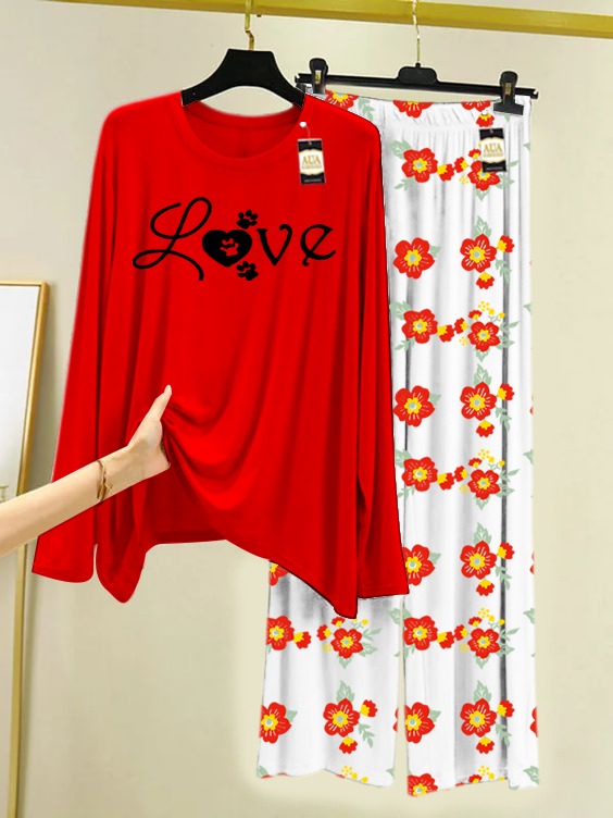 Red Love  Printed Nightwear Set with Flower Printed Trousers – Women's Lounge Wear (005)