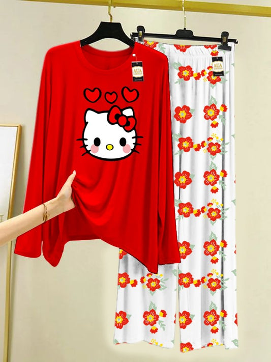 Red Hello Kitty Printed Nightwear Set with Flower Printed Trousers – Women's Lounge Wear (005)