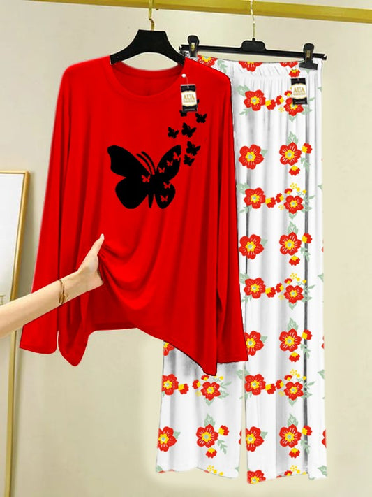 Flying Butterfly Printed Nightwear Set with Flower Printed Trousers – Women's Lounge Wear (005)