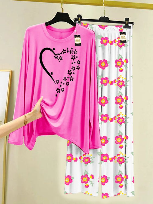 Red Star Heart Printed Nightwear Set with Flower Printed Trousers – Women's Lounge Wear (005)