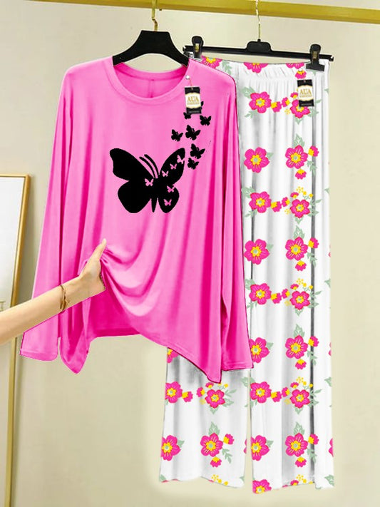 Pink Flyingn Butterfly Printed Nightwear Set with Flower Printed Trousers – Women's Lounge Wear (005)