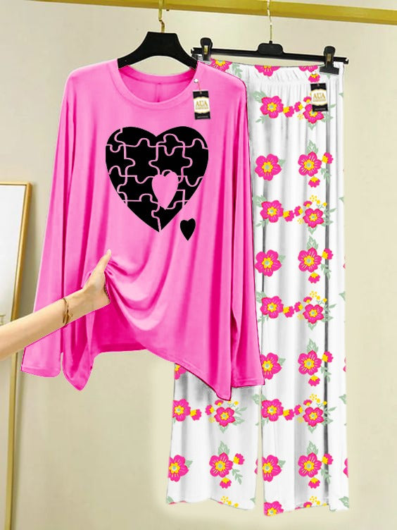 Pink Puzzel Printed Nightwear Set with Flower Printed Trousers – Women's Lounge Wear (005)