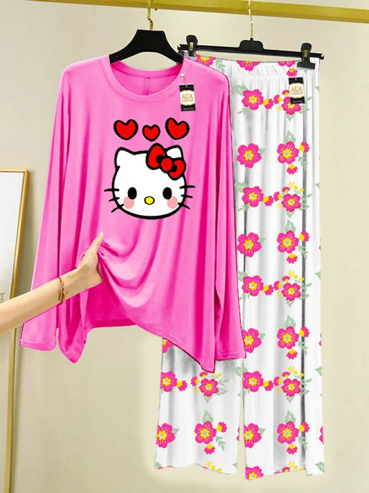 Pink Hello Kitty Printed Nightwear Set with Flower Printed Trousers – Women's Lounge Wear (005)