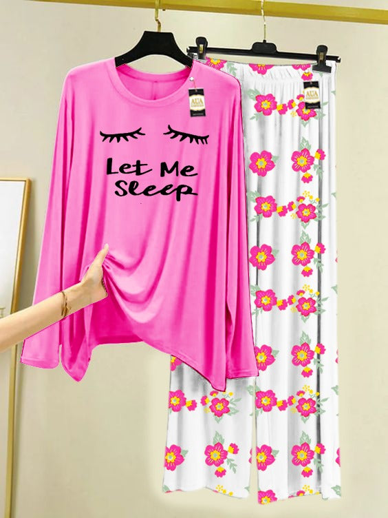 Pink Let ME Sleep Printed Nightwear Set with Flower Printed Trousers – Women's Lounge Wear (005)