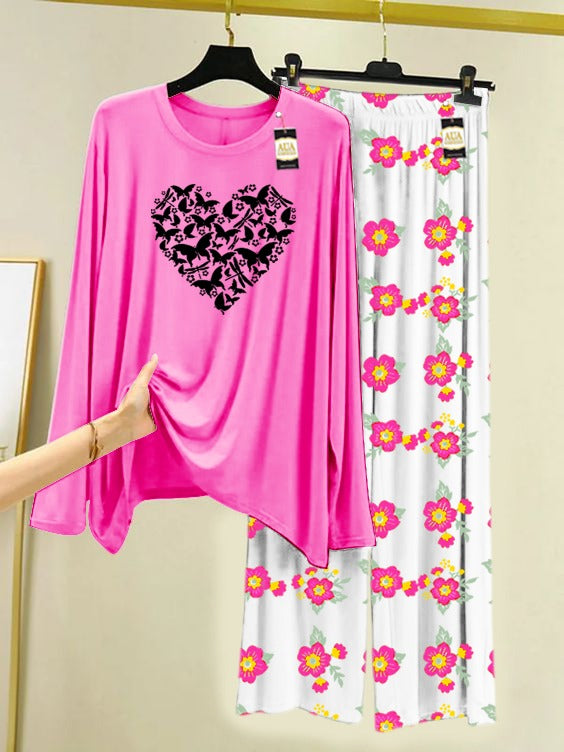 Pink Butterfly Heart  Printed Nightwear Set with Flower Printed Trousers – Women's Lounge Wear (005)