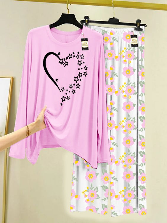 Baby Pink Star Heart  Printed Nightwear Set with Flower Printed Trousers – Women's Lounge Wear (005)