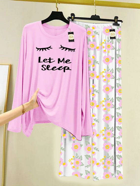 Baby Pink Let Me Sleep  Printed Nightwear Set with Flower Printed Trousers – Women's Lounge Wear (005)