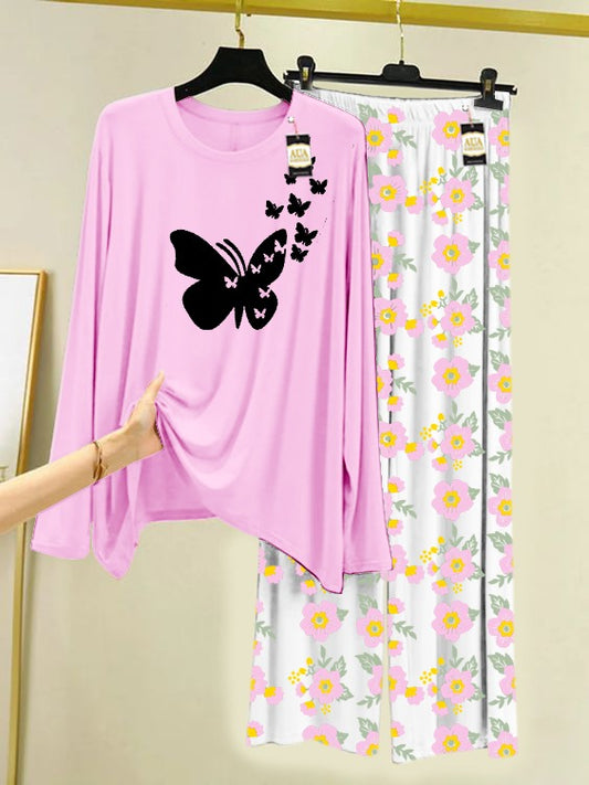 Baby pink Flying Butterfly Printed Nightwear Set with Flower Printed Trousers – Women's Lounge Wear (005)