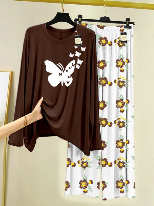 Dark Brown Flying Butterfly Printed Nightwear Set with Flower Printed Trousers – Women's Lounge Wear (005)