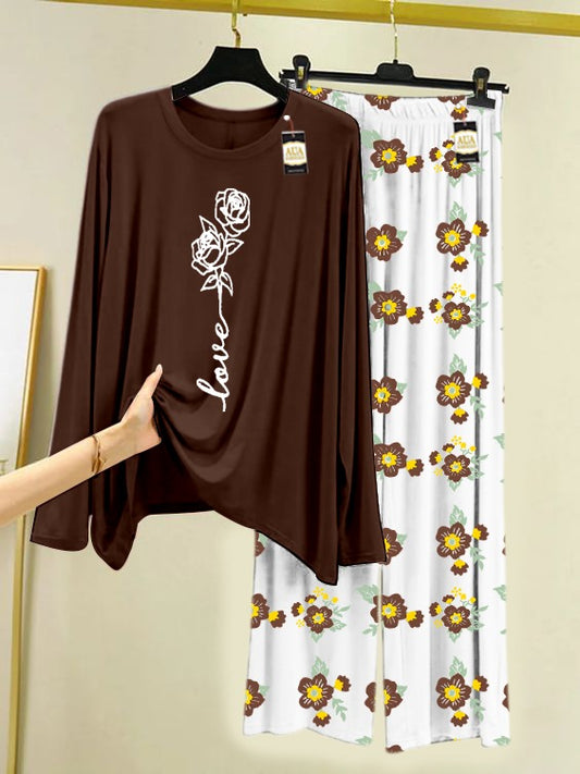 Dark Brown Rose Love Printed Nightwear Set with Flower Printed Trousers – Women's Lounge Wear (005)