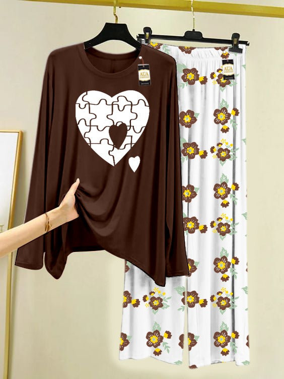 Dark Brown Puzzel Heart Printed Nightwear Set with Flower Printed Trousers – Women's Lounge Wear (005)