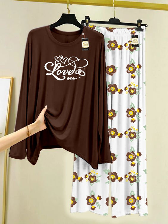 Dark Brown Love Heart Printed Nightwear Set with Flower Printed Trousers – Women's Lounge Wear (005)