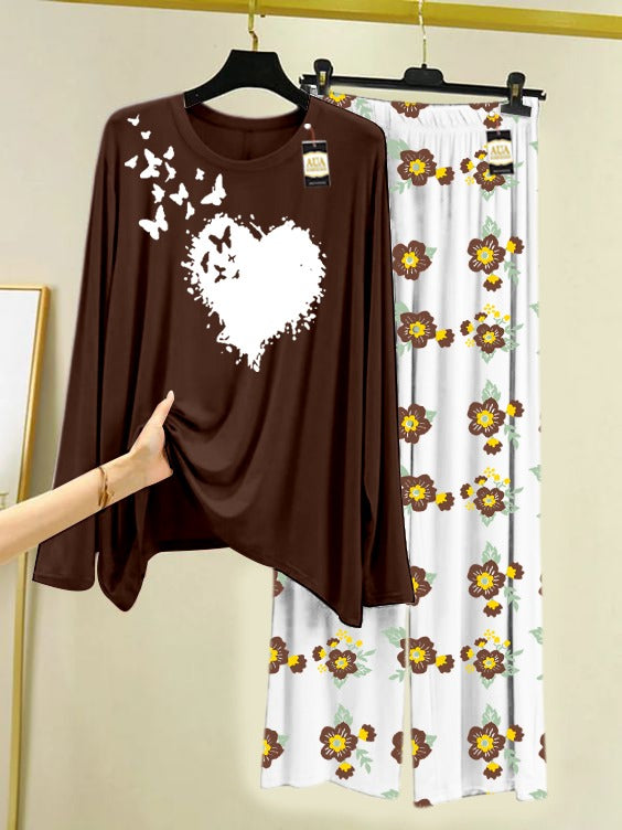 Dark Brown Heart Butterfly Printed Nightwear Set with Flower Printed Trousers – Women's Lounge Wear (005)