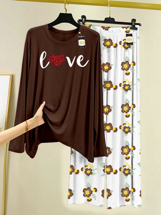 Dark Brown Red Heart Love Printed Nightwear Set with Flower Printed Trousers – Women's Lounge Wear (005)