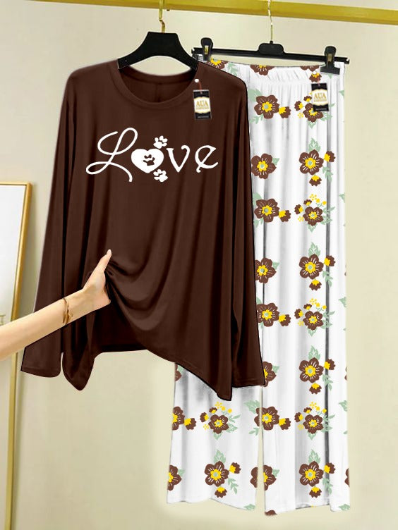 Dark Brown Love Printed Nightwear Set with Flower Printed Trousers – Women's Lounge Wear (005)