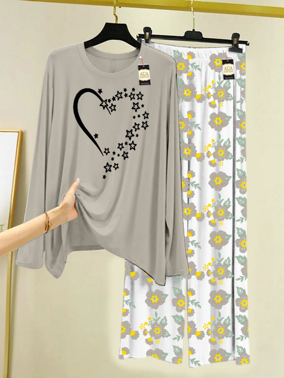 grey Star Heart  Printed Nightwear Set with Flower Printed Trousers – Women's Lounge Wear (005)