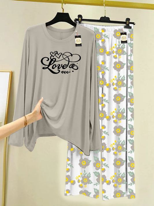 Grey Love Heart Printed Nightwear Set with Flower Printed Trousers – Women's Lounge Wear (005)