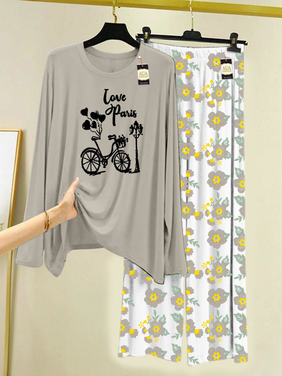 Grey Love Paris cycle Printed Nightwear Set with Flower Printed Trousers – Women's Lounge Wear (005)