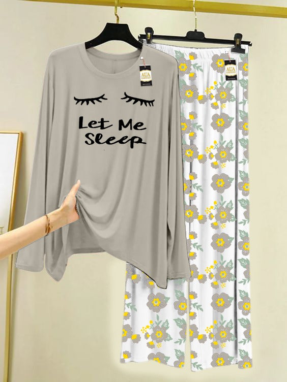 Grey Let me Sleep Printed Nightwear Set with Flower Printed Trousers – Women's Lounge Wear (005)