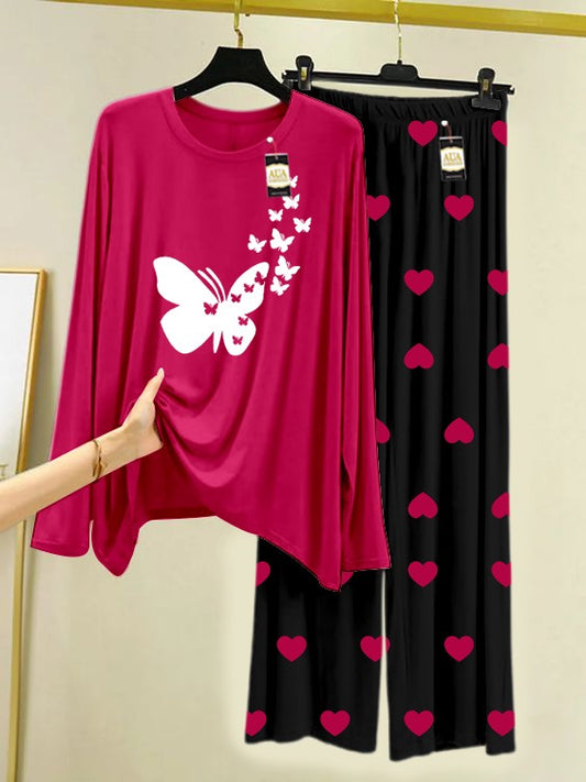 Dark Pink Flying ButterfliesPrinted Nightwear Set with Black Mini Heart Printed Trousers – Women's Lounge Wear (006)