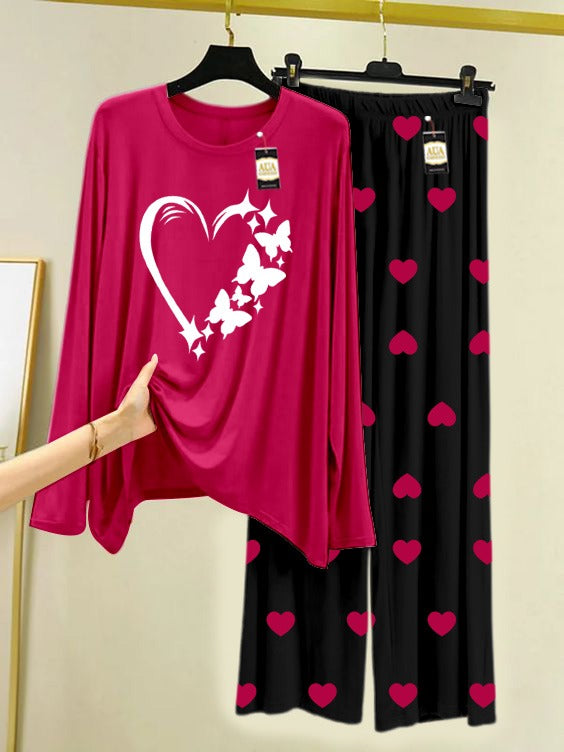 Dark Pink Women Heart Printed Nightwear Set with Black Mini Heart Printed Trousers – Women's Lounge Wear (006)