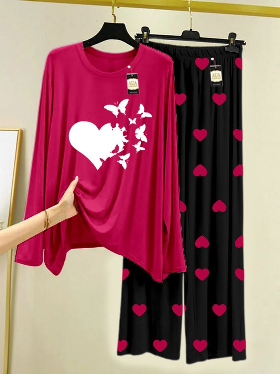 Dark Pink Heart ButterfliesPrinted Nightwear Set with Black Mini Heart Printed Trousers – Women's Lounge Wear (006)