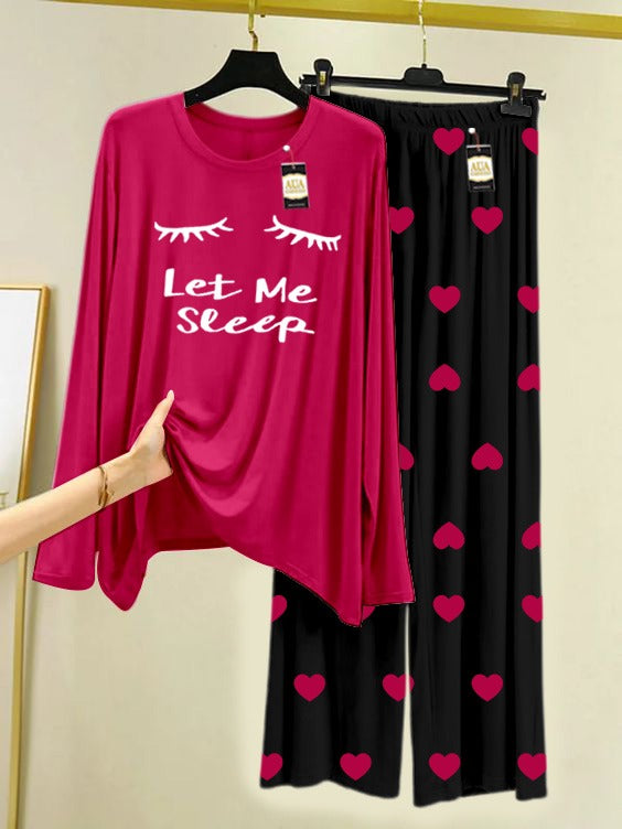 Dark Pink Let Me Sleep Printed Nightwear Set with Black Mini Heart Printed Trousers – Women's Lounge Wear (006)