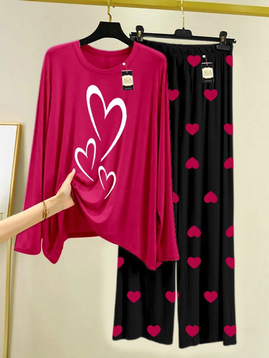 Dark Pink Multi HeartPrinted Nightwear Set with Black Mini Heart Printed Trousers – Women's Lounge Wear (006)