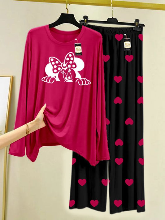 Dark Pink Mini Mouse Printed Nightwear Set with Black Mini Heart Printed Trousers – Women's Lounge Wear (006)