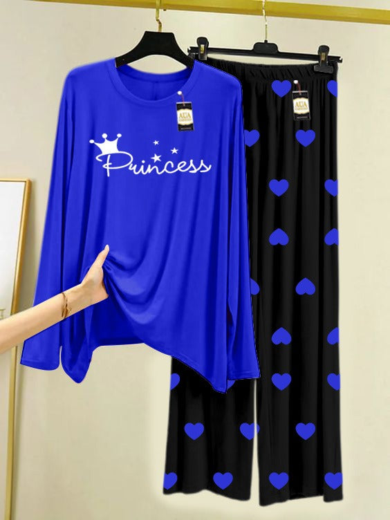 Navy Blue Princess Printed Nightwear Set with Black Mini Heart Printed Trousers – Women's Lounge Wear (006)