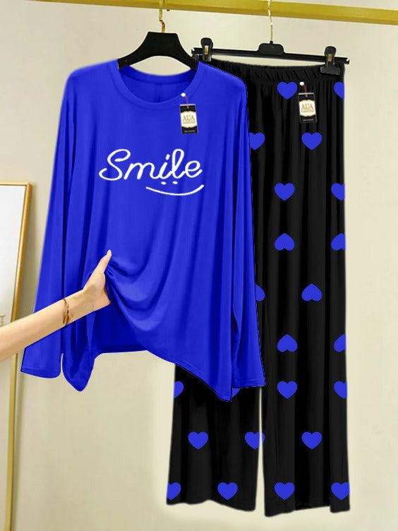 Navy Blue Smile Printed Nightwear Set with Black Mini Heart Printed Trousers – Women's Lounge Wear (006)