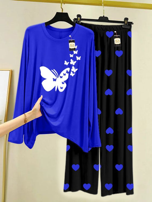 Navy Blue Flying ButterfliesPrinted Nightwear Set with Black Mini Heart Printed Trousers – Women's Lounge Wear (006)