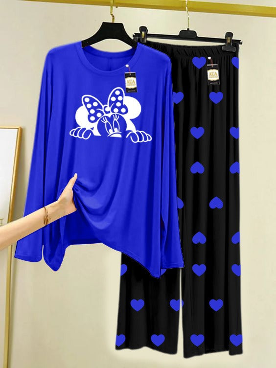 Navy Blue Mini Mouse Printed Nightwear Set with Black Mini Heart Printed Trousers – Women's Lounge Wear (006)