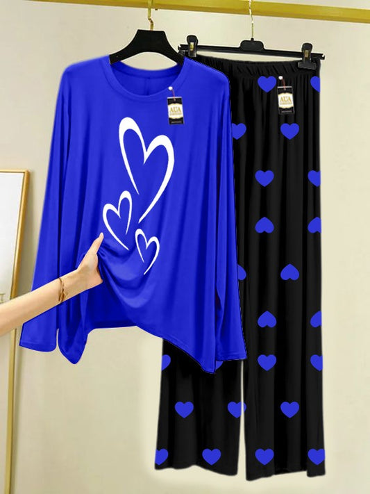 Navy Blue Multi Heart Printed Nightwear Set with Black Mini Heart Printed Trousers – Women's Lounge Wear (006)