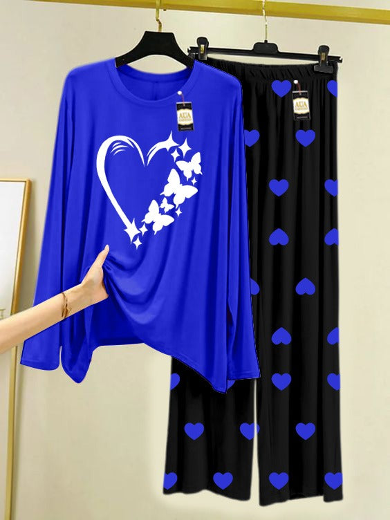 Navy Blue Women Heart Printed Nightwear Set with Black Mini Heart Printed Trousers – Women's Lounge Wear (006)