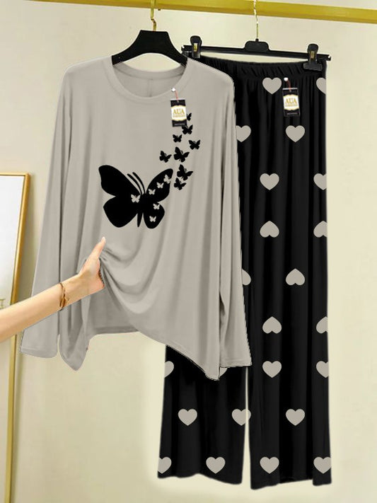 Grey Flying Butterflies Printed Nightwear Set with Black Mini Heart Printed Trousers – Women's Lounge Wear (006)