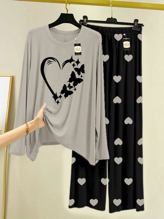 Grey Women Heart Printed Nightwear Set with Black Mini Heart Printed Trousers – Women's Lounge Wear (006)