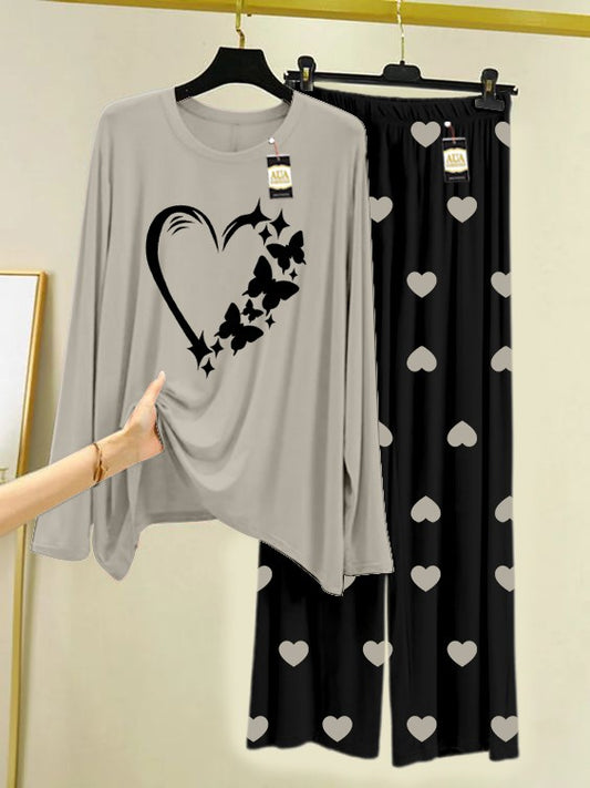 Grey Women Heart Printed Nightwear Set with Black Mini Heart Printed Trousers – Women's Lounge Wear (006)