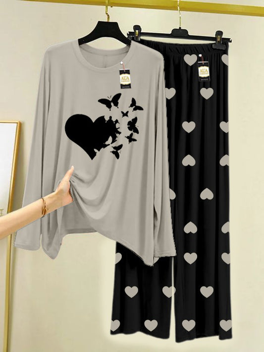 Grey Heart Butterflies Printed Nightwear Set with Black Mini Heart Printed Trousers – Women's Lounge Wear (006)