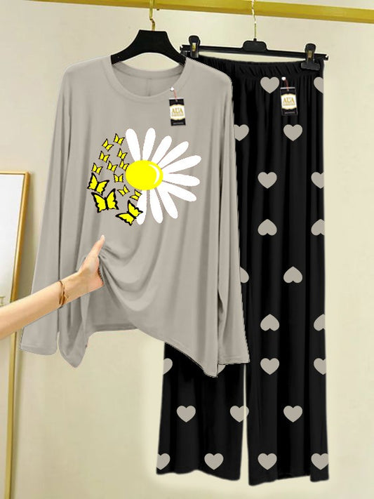 Grey Sunflower Printed Nightwear Set with Black Mini Heart Printed Trousers – Women's Lounge Wear (006)