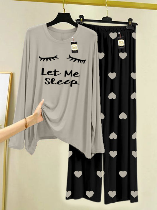 Grey Let Me Sleep Printed Nightwear Set with Black Mini Heart Printed Trousers – Women's Lounge Wear (006)