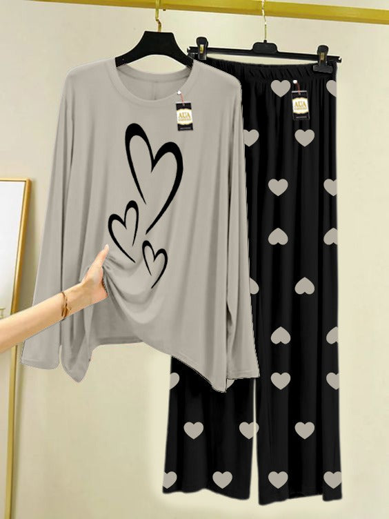 Grey Multi Heart Printed Nightwear Set with Black Mini Heart Printed Trousers – Women's Lounge Wear (006)