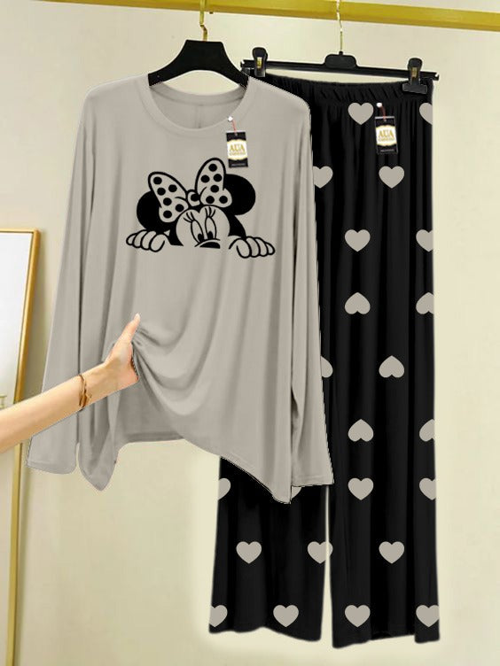 Grey Mini Mouse Printed Nightwear Set with Black Mini Heart Printed Trousers – Women's Lounge Wear (006)