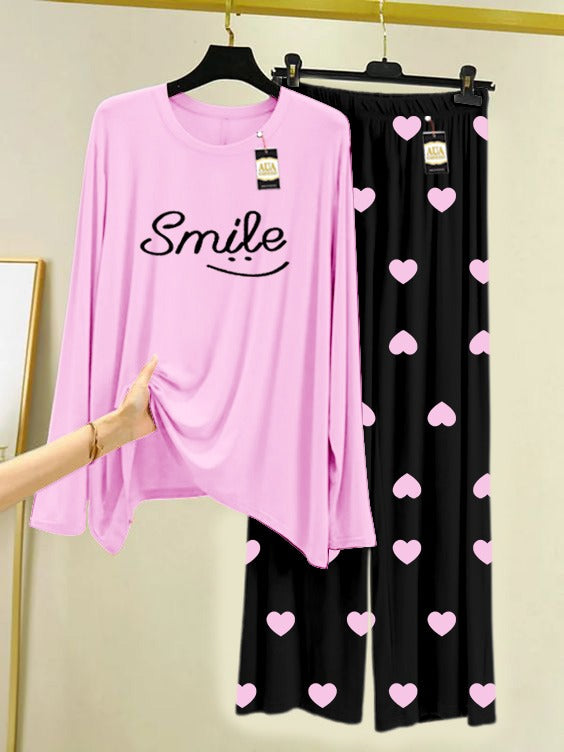 Baby Pink Smile Printed Nightwear Set with Black Mini Heart Printed Trousers – Women's Lounge Wear (006)