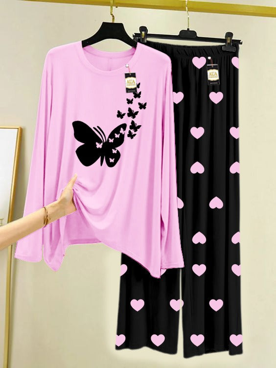 Baby Pink Flying Butterflies Printed Nightwear Set with Black Mini Heart Printed Trousers – Women's Lounge Wear (006)