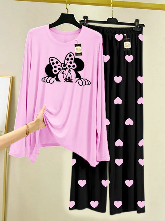 Baby Pink Mini Mouse Printed Nightwear Set with Black Mini Heart Printed Trousers – Women's Lounge Wear (006)