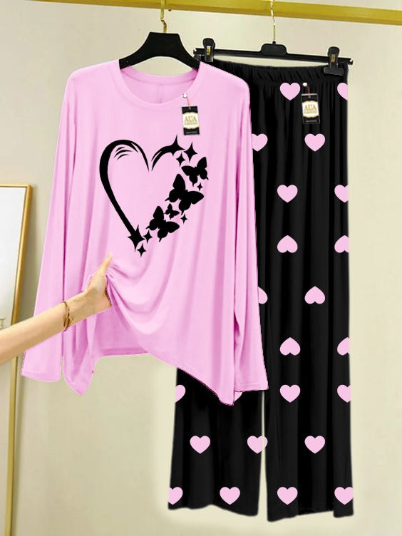 Baby Pink Women Heart Printed Nightwear Set with Black Mini Heart Printed Trousers – Women's Lounge Wear (006)