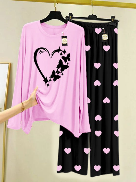 Baby Pink Women Heart Printed Nightwear Set with Black Mini Heart Printed Trousers – Women's Lounge Wear (006)