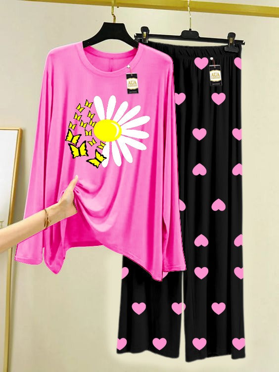 Pink Sunflower Printed Nightwear Set with Black Mini Heart Printed Trousers – Women's Lounge Wear (006)