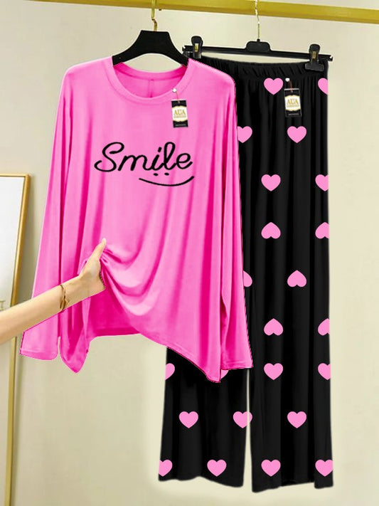 Pink Smile Printed Nightwear Set with Black Mini Heart Printed Trousers – Women's Lounge Wear (006)